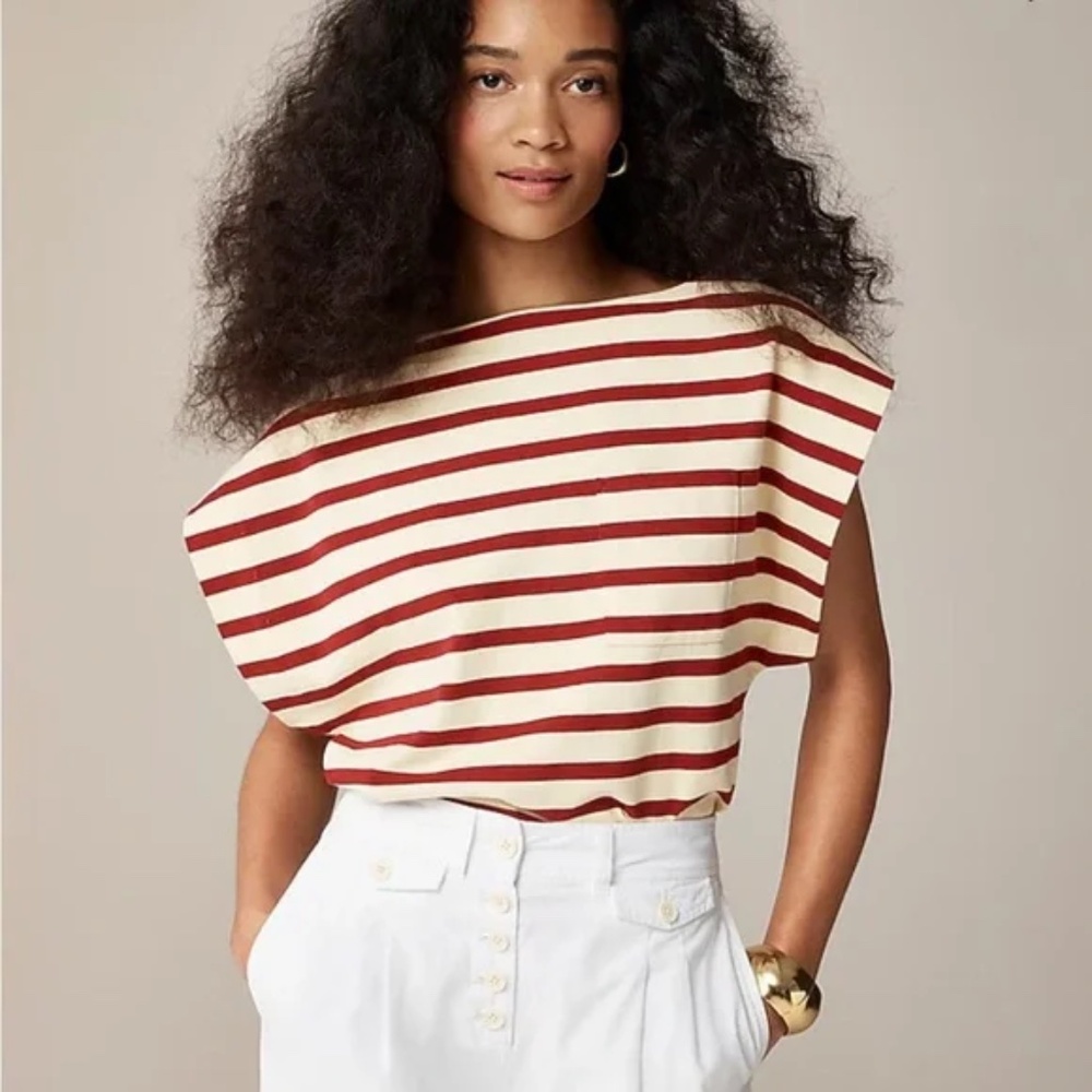 NWT JCrew Boatneck Muscle T-Shirt Mariner Cotton Carter Stripe Sands/Burgundy M